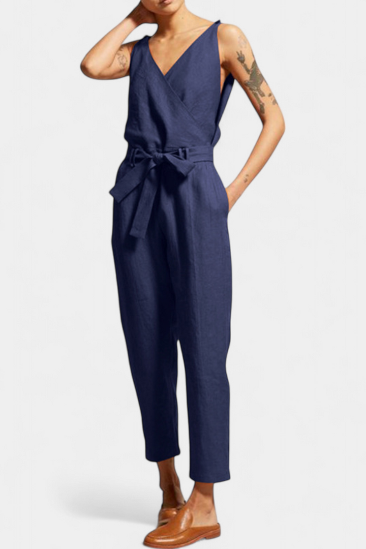 Maggie | Jednobarevné bez rukávů s výstřihem do V a překříženým pasem z bavlny