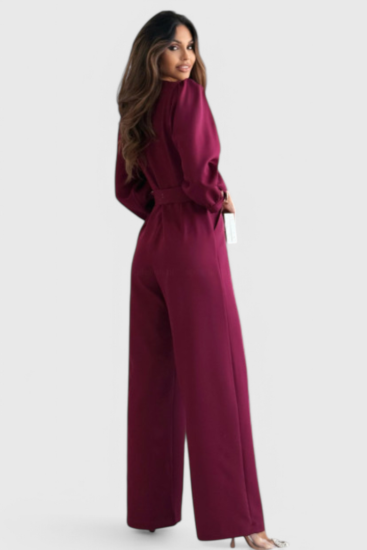 Ariane | Jednobarevné volné kalhoty s výstřihem do V a páskem