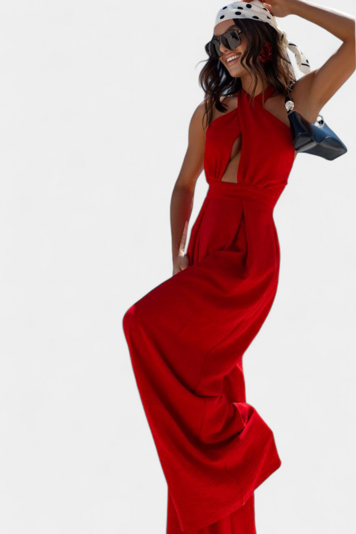 Jessica | Jednobarevný halter s křížením na zádech a širokým nohavicí