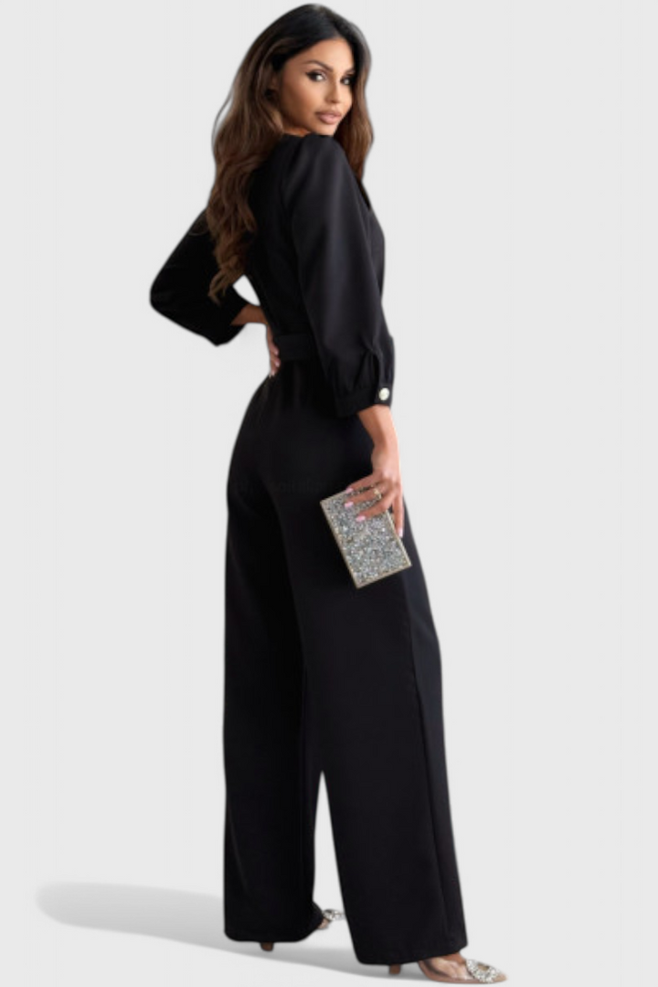 Ariane | Jednobarevné volné kalhoty s výstřihem do V a páskem