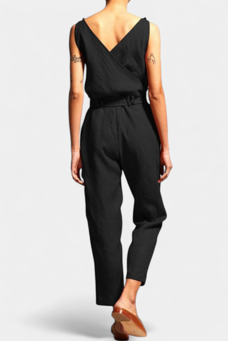 Maggie | Jednobarevné bez rukávů s výstřihem do V a překříženým pasem z bavlny