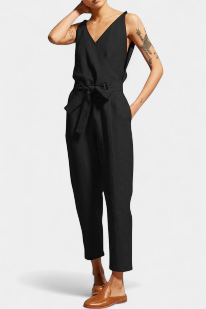 Maggie | Jednobarevné bez rukávů s výstřihem do V a překříženým pasem z bavlny