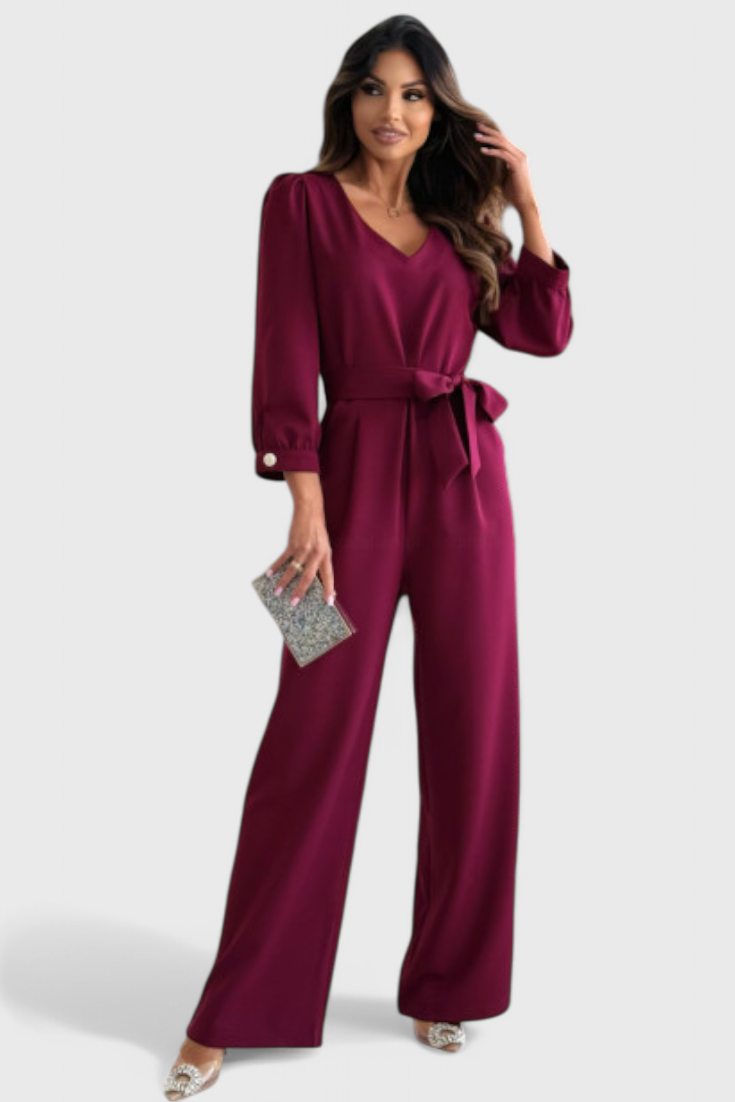 Ariane | Jednobarevné volné kalhoty s výstřihem do V a páskem