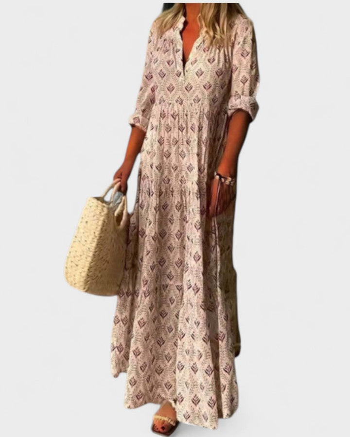 Eduarda | Dlouhé vintage šaty s výstřihem do V a jemným potiskem