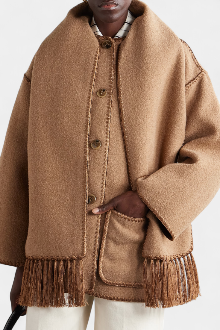 Pauline | Volné Ramínko Kabát s Pruženou s Kapucí s Fringing