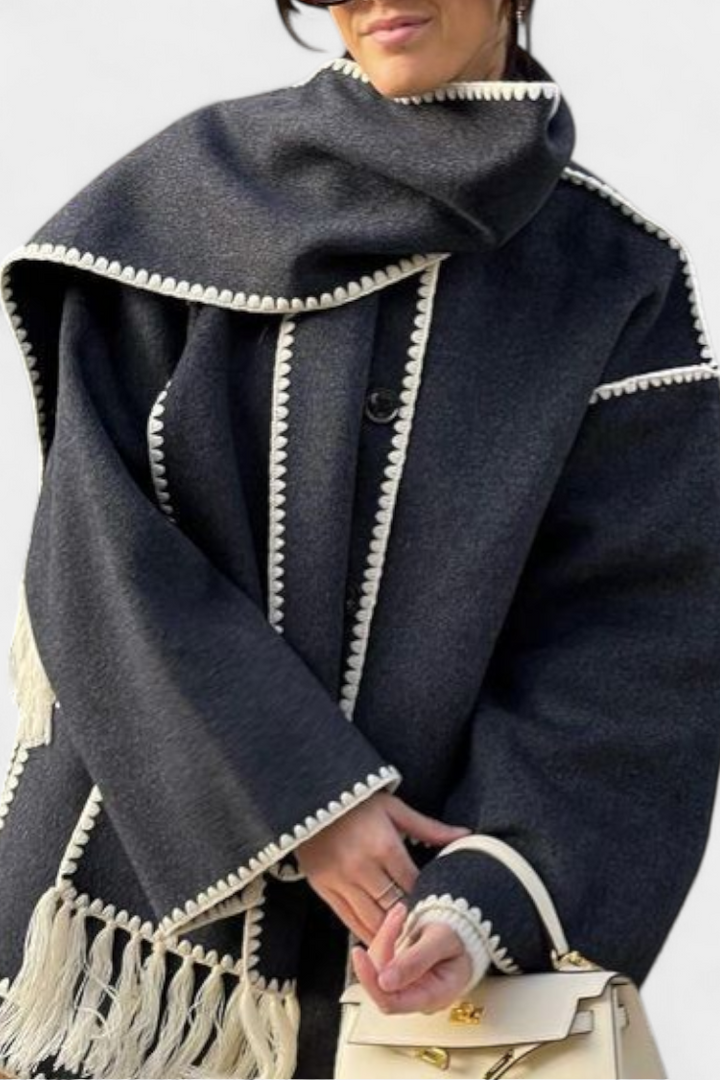 Pauline | Volné Ramínko Kabát s Pruženou s Kapucí s Fringing