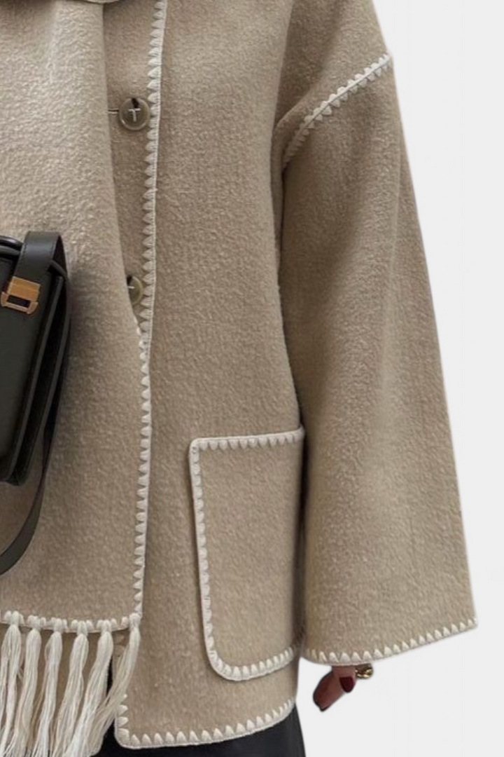 Pauline | Volné Ramínko Kabát s Pruženou s Kapucí s Fringing