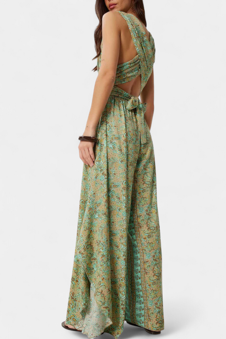 Leandra | Jednobarevný křížený monofil s květinovým vzorem zelený