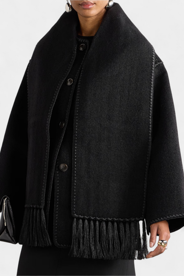 Pauline | Volné Ramínko Kabát s Pruženou s Kapucí s Fringing