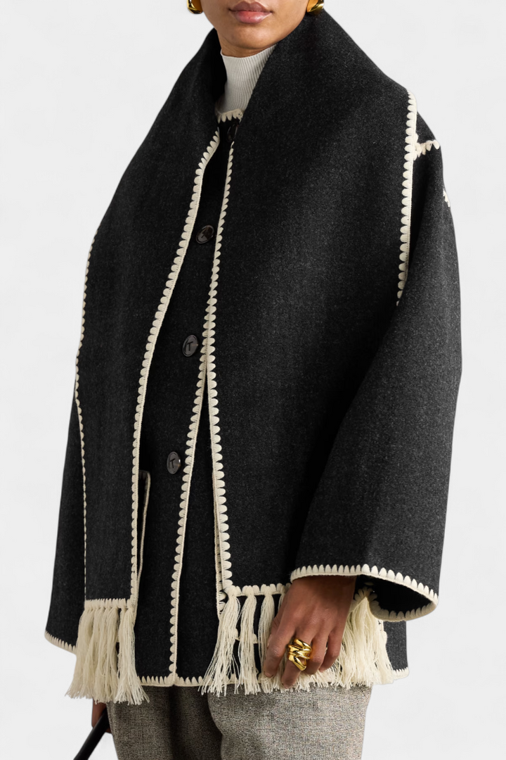 Pauline | Volné Ramínko Kabát s Pruženou s Kapucí s Fringing