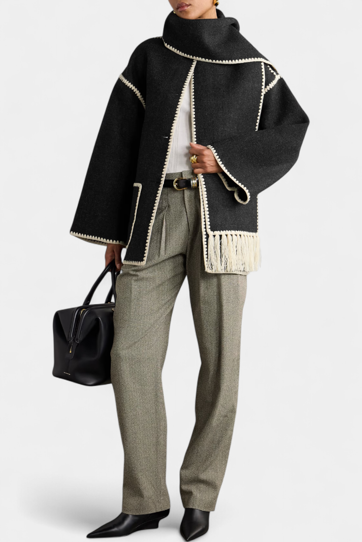 Pauline | Volné Ramínko Kabát s Pruženou s Kapucí s Fringing