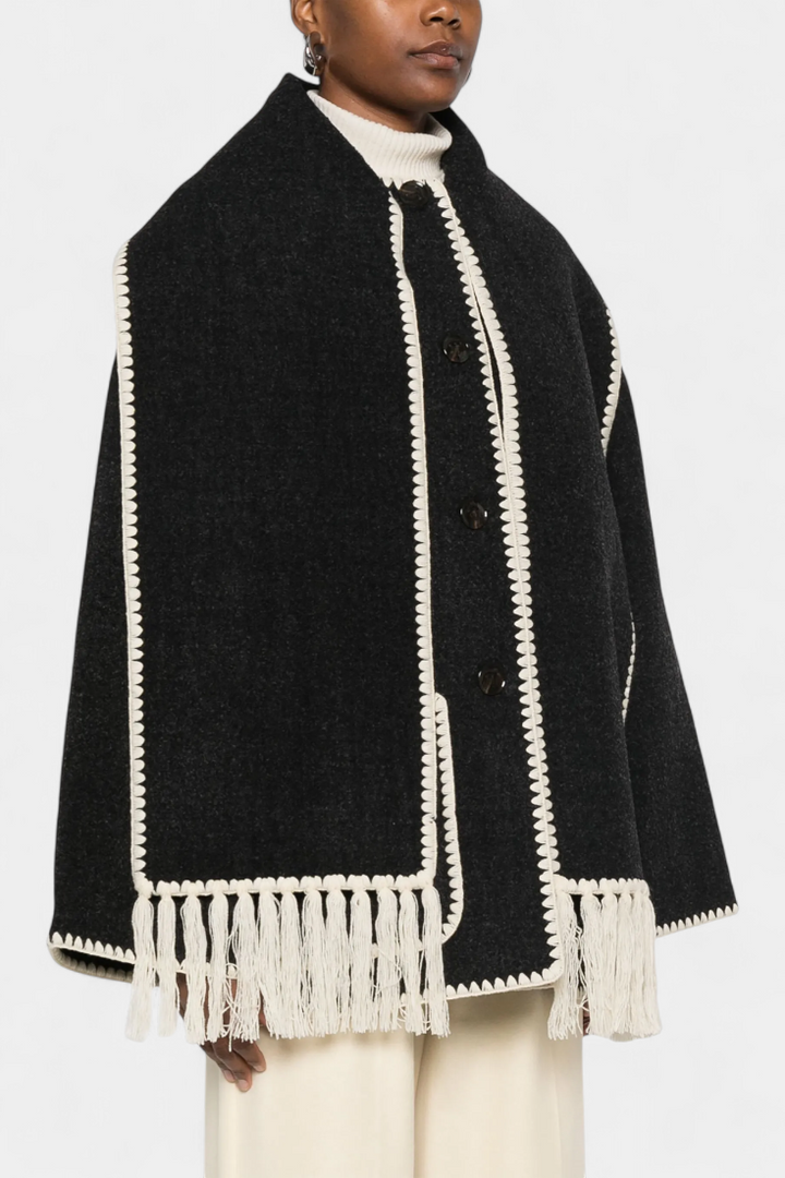 Pauline | Volné Ramínko Kabát s Pruženou s Kapucí s Fringing