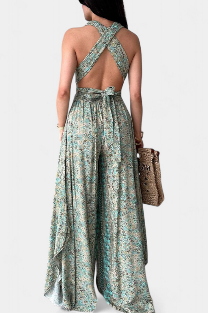 Leandra | Jednobarevný křížený monofil s květinovým vzorem zelený