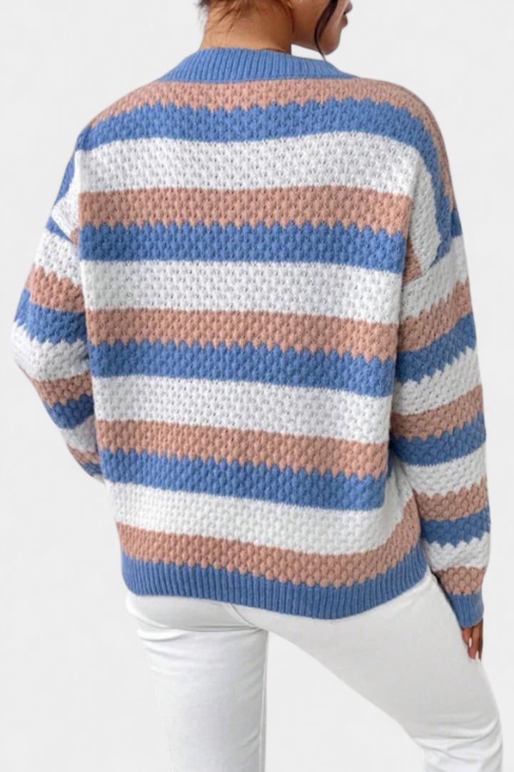 Kristen | Oversized svetrový svetr s barevným pruhovaným kulatým výstřihem