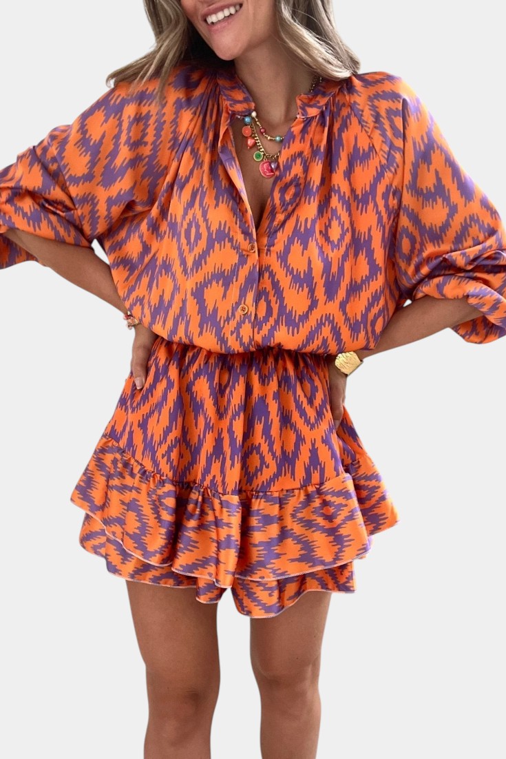 Yasmine | Monochromatický Mini s Volánky a Ikatovým Potiskem